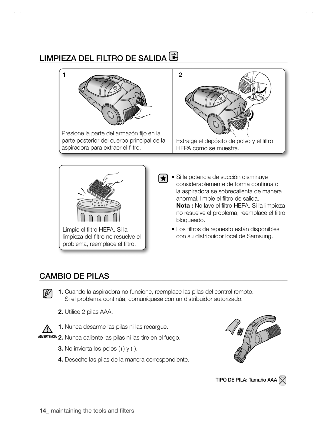 Samsung SC88P user manual Limpieza DEL Filtro DE Salida, Cambio de pilas, Utilice 2 pilas AAA 