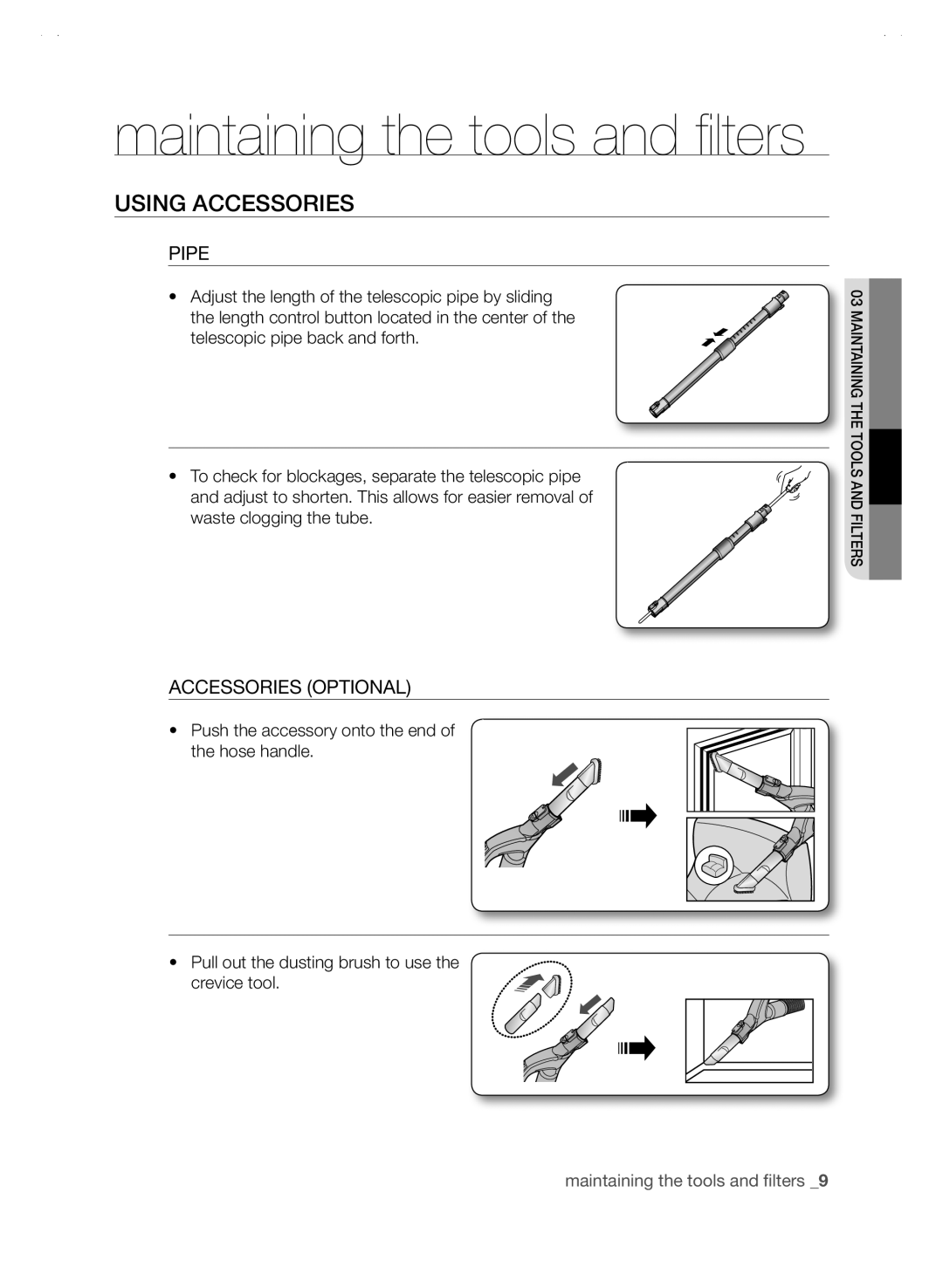 Samsung SC88P user manual Using Accessories, Pipe, Accessories Optional, Push the accessory onto the end of the hose handle 