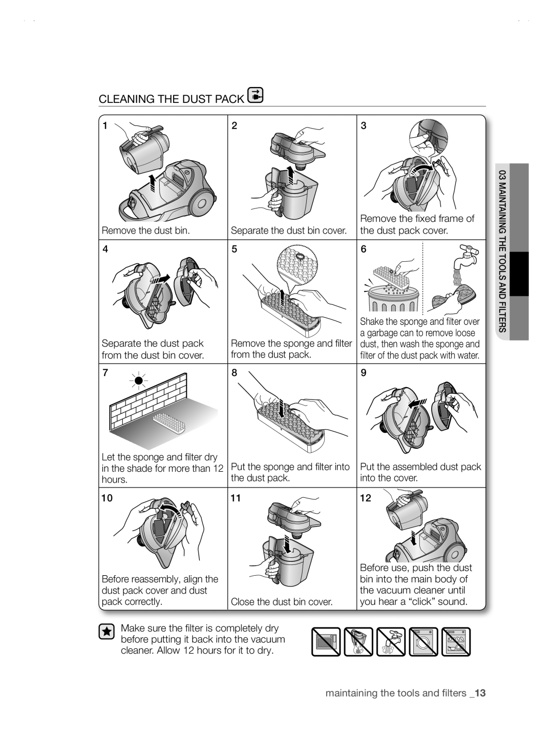 Samsung SC88P user manual Cleaning The Dust Pack, maintaining the tools and filters _13 