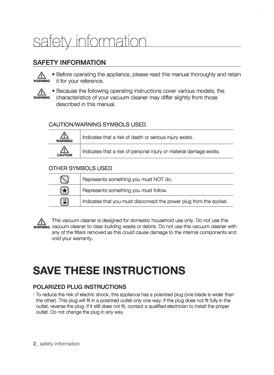 Samsung SC88P user manual safety information, Save These Instructions, Safety Information, Caution/Warning Symbols Used 