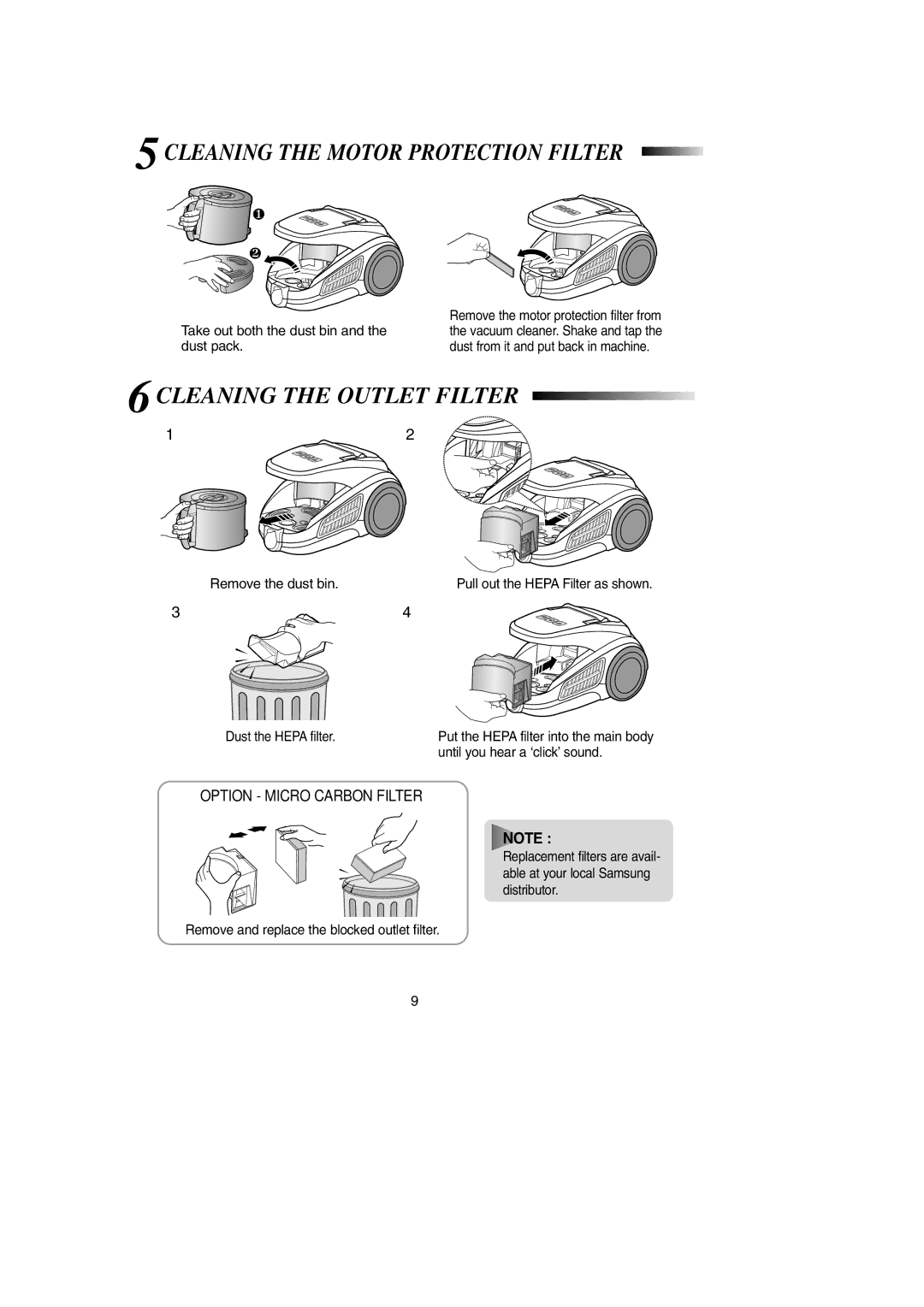 Samsung SC9190, DJ68-00369L operating instructions 5CLEANING the Motor Protection Filter, 6CLEANING the Outlet Filter 