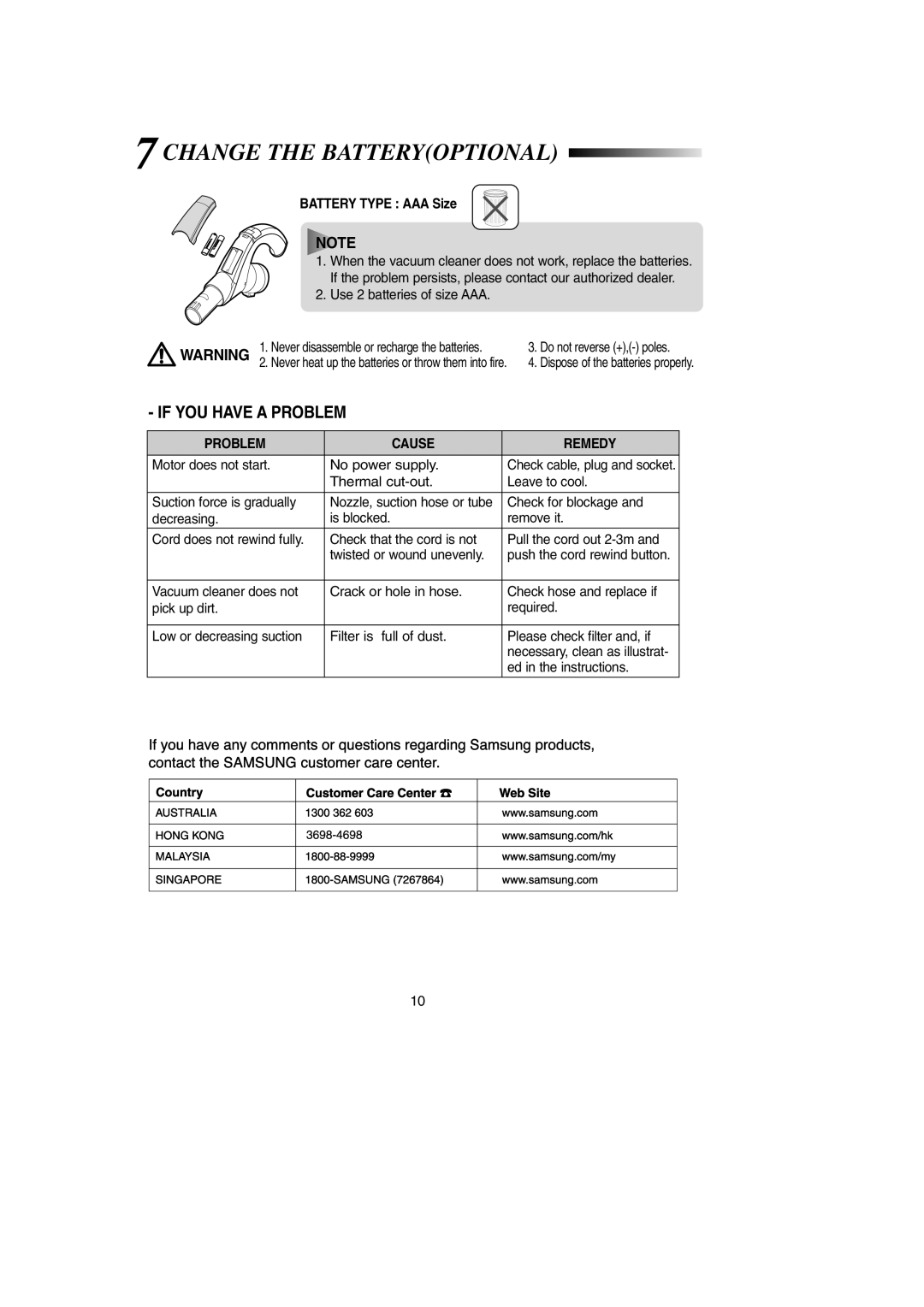 Samsung DJ68-00369L, SC9190 operating instructions 7CHANGE the Batteryoptional, Battery Type AAA Size 