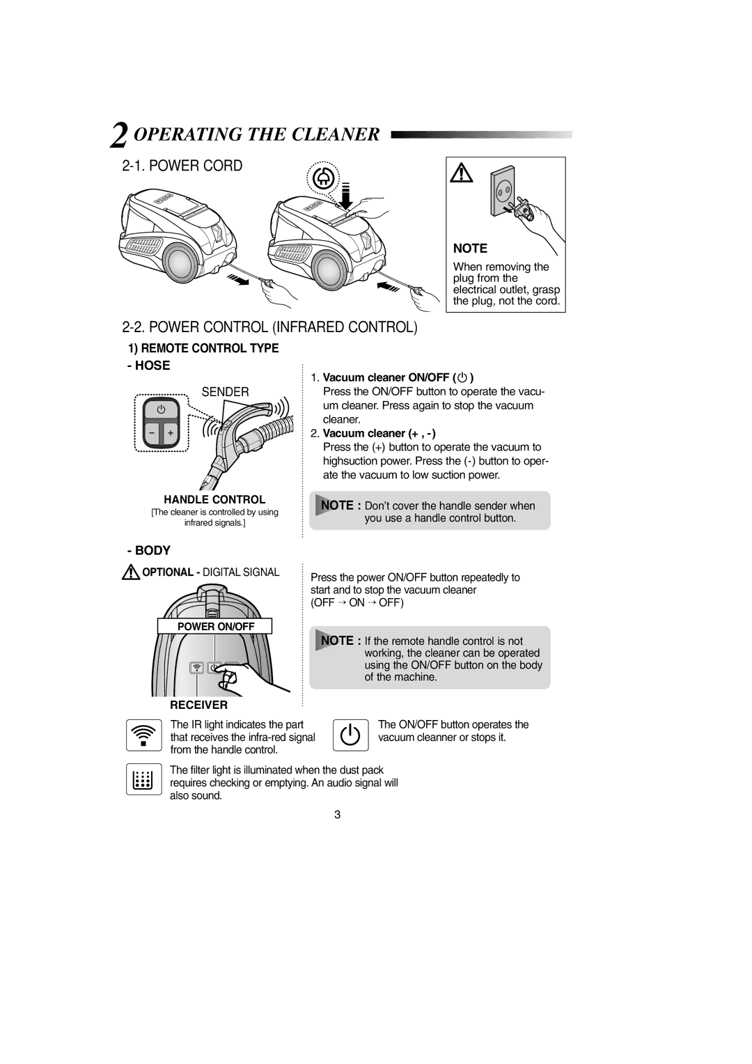 Samsung SC9190, DJ68-00369L operating instructions 2OPERATING the Cleaner, Power Cord, Power Control Infrared Control 