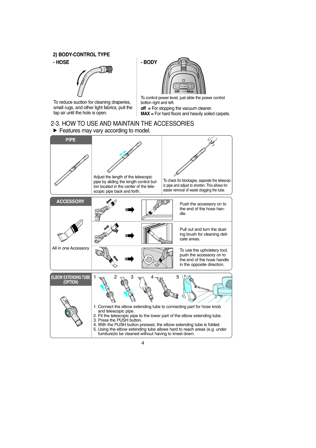 Samsung DJ68-00369L, SC9190 operating instructions HOW to USE and Maintain the Accessories, BODY-CONTROL Type Hose 