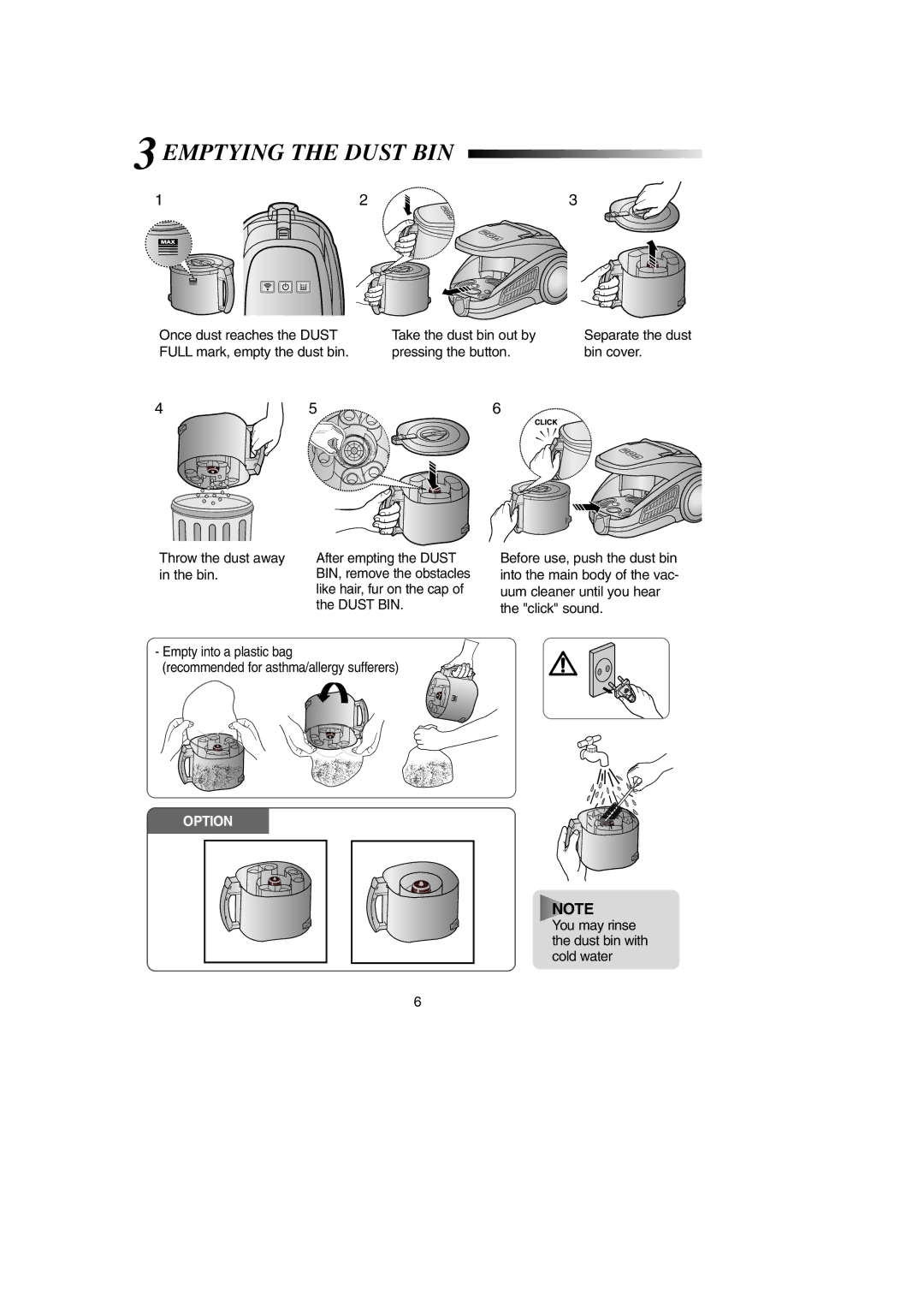 Samsung DJ68-00369L, SC9190 operating instructions 3EMPTYING the Dust BIN 