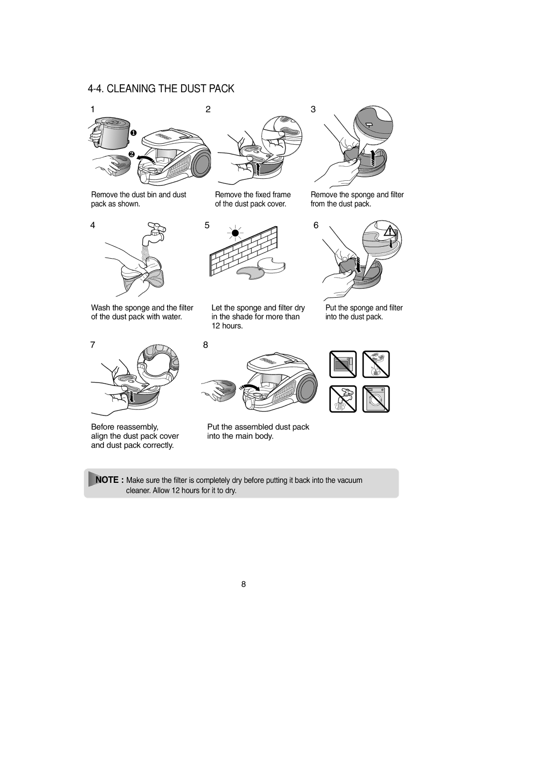 Samsung DJ68-00369L, SC9190 operating instructions Cleaning the Dust Pack 