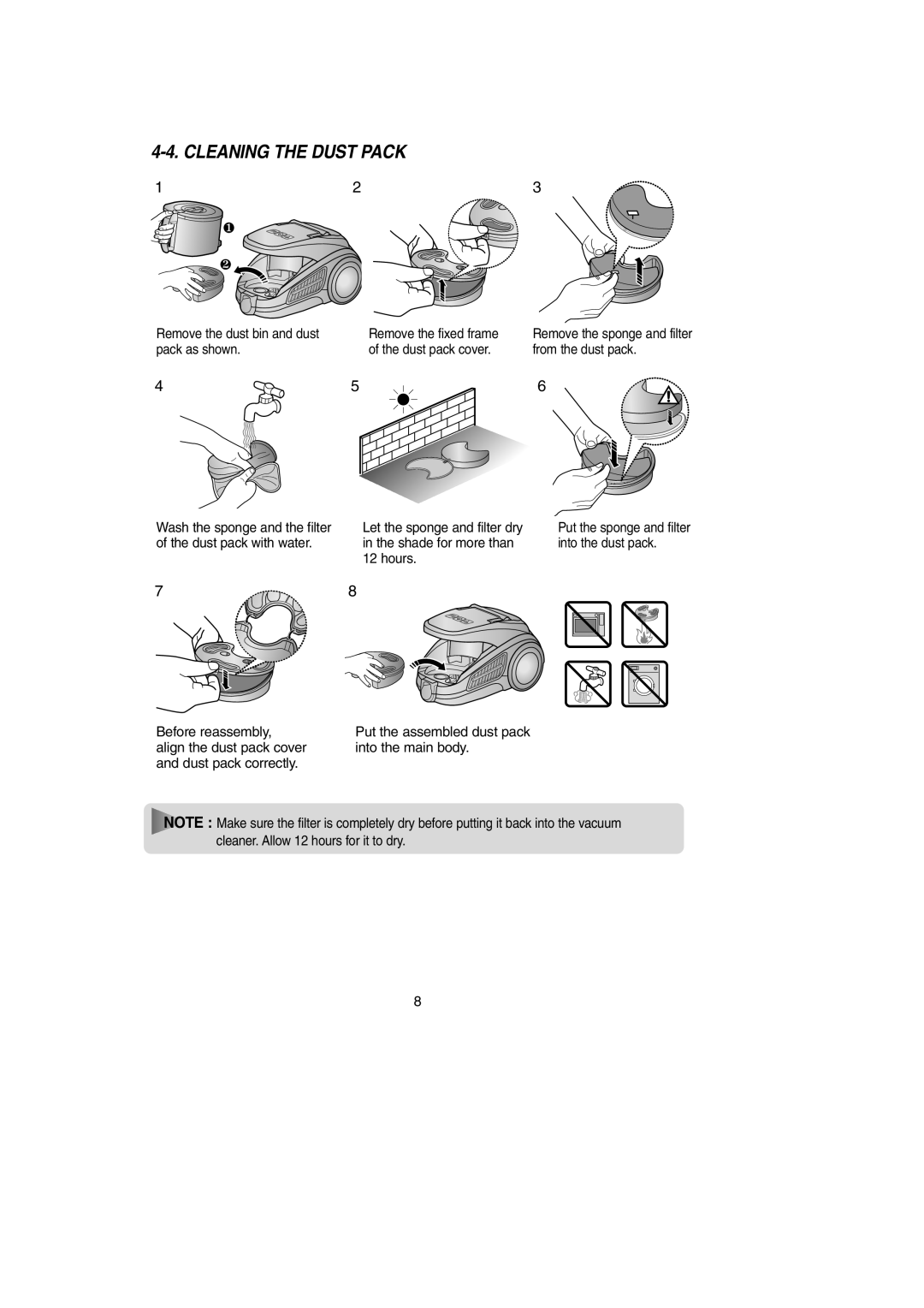 Samsung DJ68-00369L, SC9190 operating instructions Cleaning The Dust Pack 