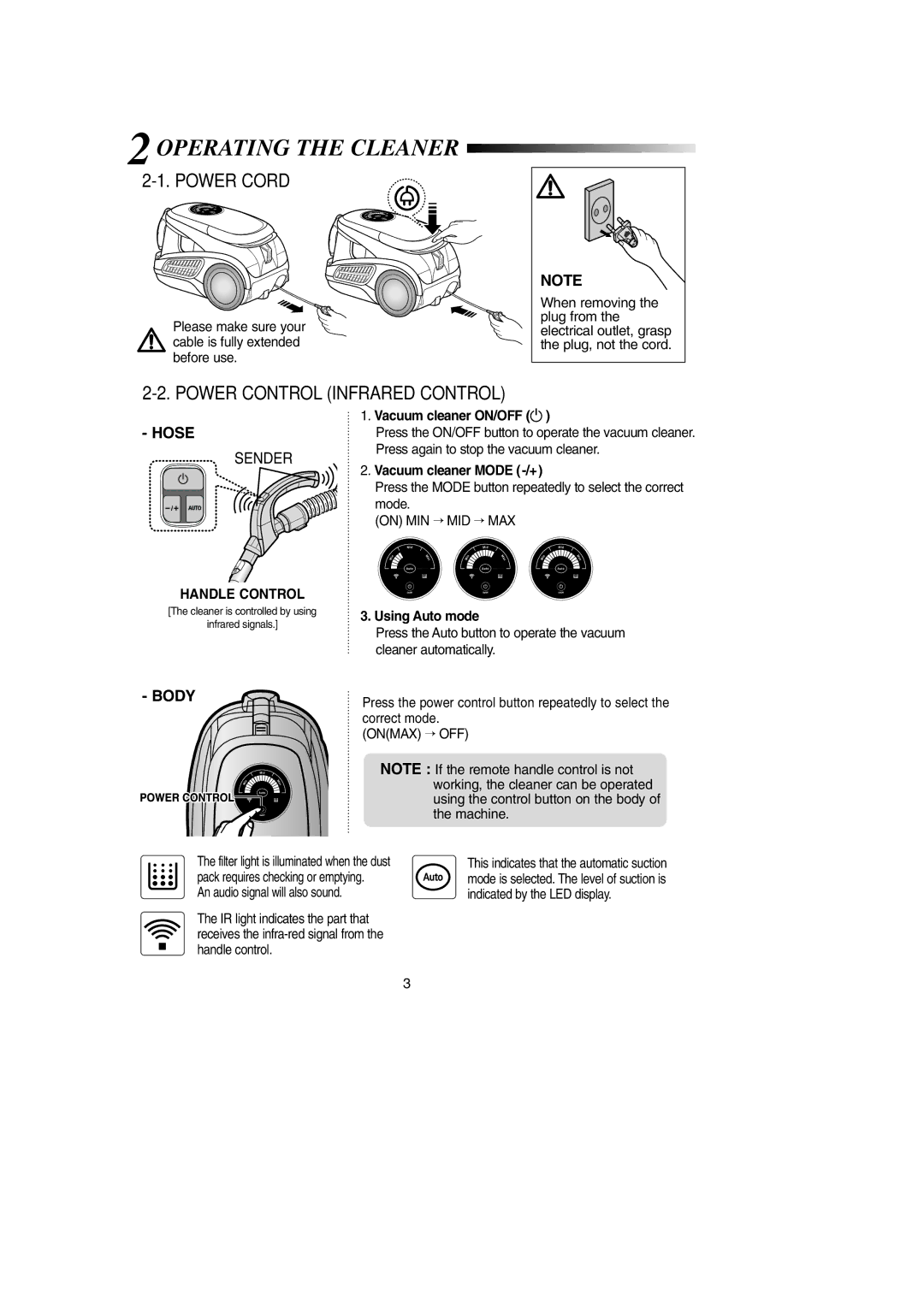 Samsung SC9580, DJ68-00368Q manual 2OPERATING the Cleaner, Power Cord, Power Control Infrared Control 