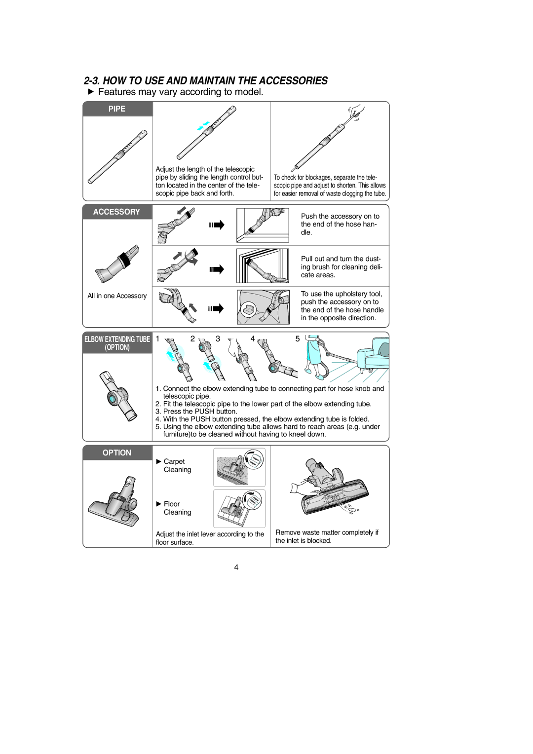 Samsung DJ68-00368Q, SC9580 manual HOW to USE and Maintain the Accessories, Features may vary according to model 