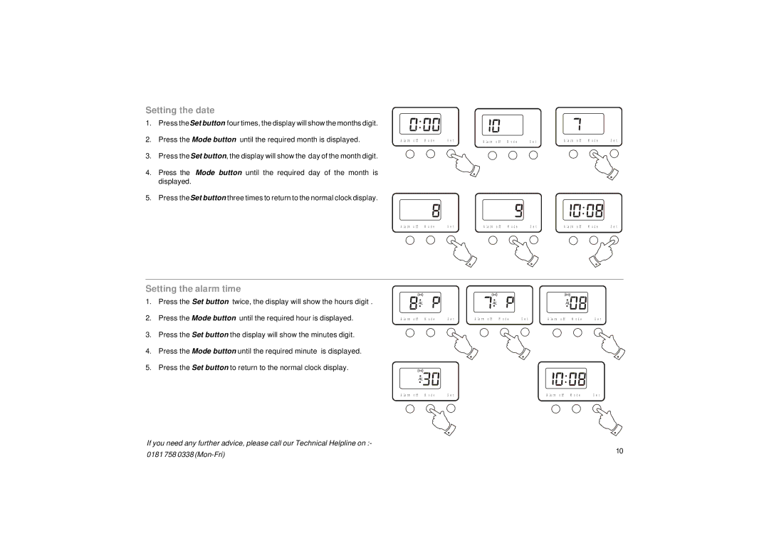 Samsung SC9908 manual Setting the date, Setting the alarm time 