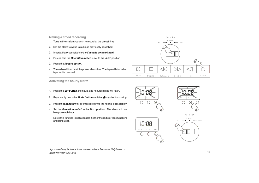 Samsung SC9908 manual Making a timed recording, Activating the hourly alarm 