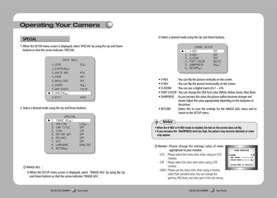 Samsung SCB-2000ND, SCB-2000PH, SCB-2000PD Special Exit, Return Image ADJ, REV OFF Zoom Font Color, Sharpness Return 