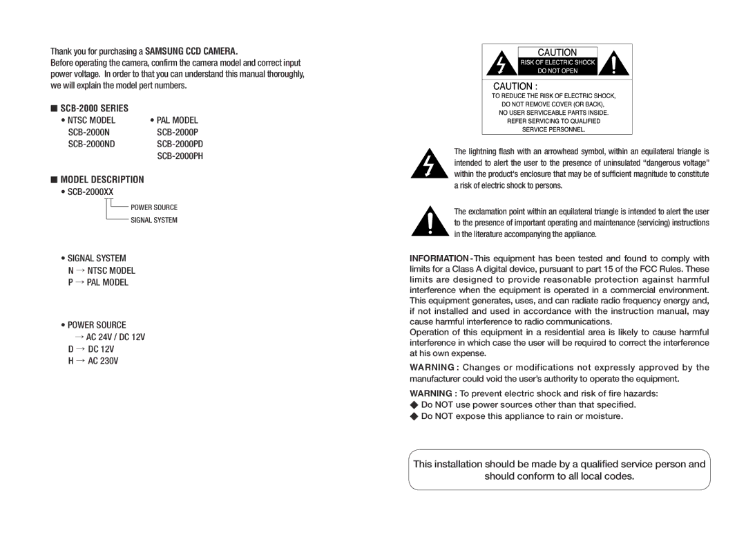 Samsung SCB-2000PH, SCB-2000PD manual Thank you for purchasing a Samsung CCD Camera, SCB-2000N SCB-2000P SCB-2000ND 