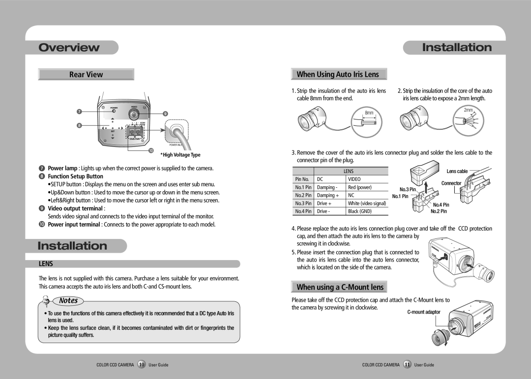 Samsung SCB-2000PH Installation, Rear View When Using Auto Iris Lens, When using a C-Mount lens, Function Setup Button 