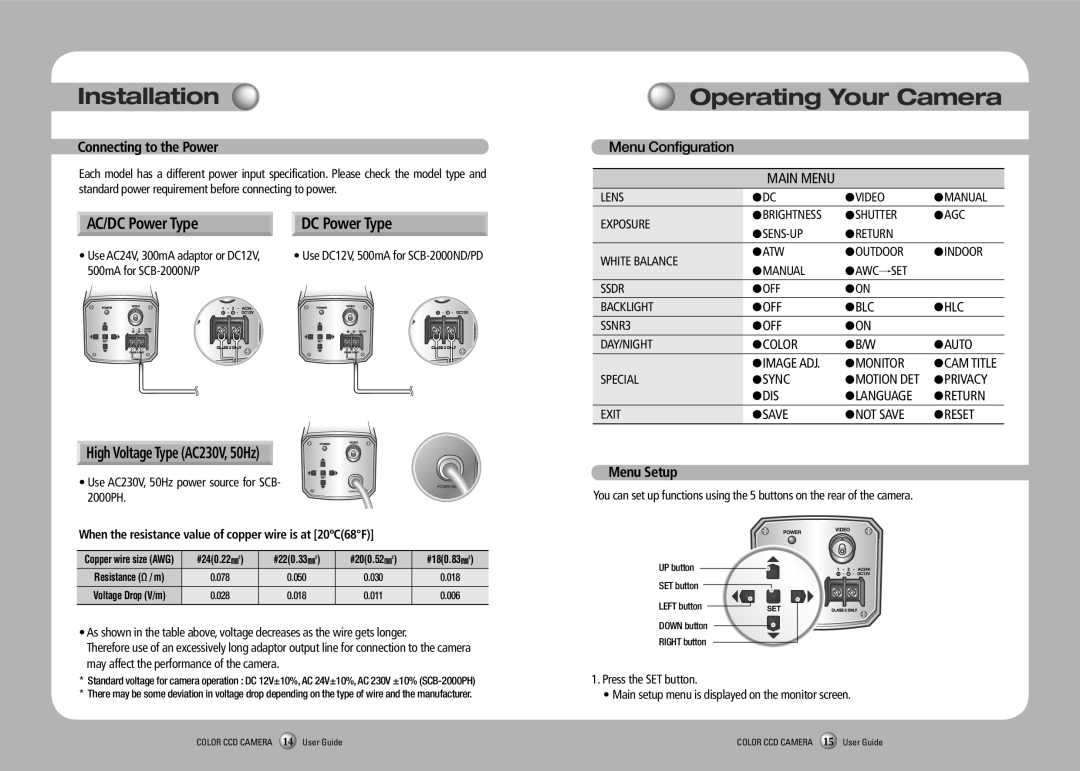 Samsung SCB-2000PH, SCB-2000ND, SCB-2000PD manual Operating Your Camera, AC/DC Power Type, High Voltage Type AC230V, 50Hz 