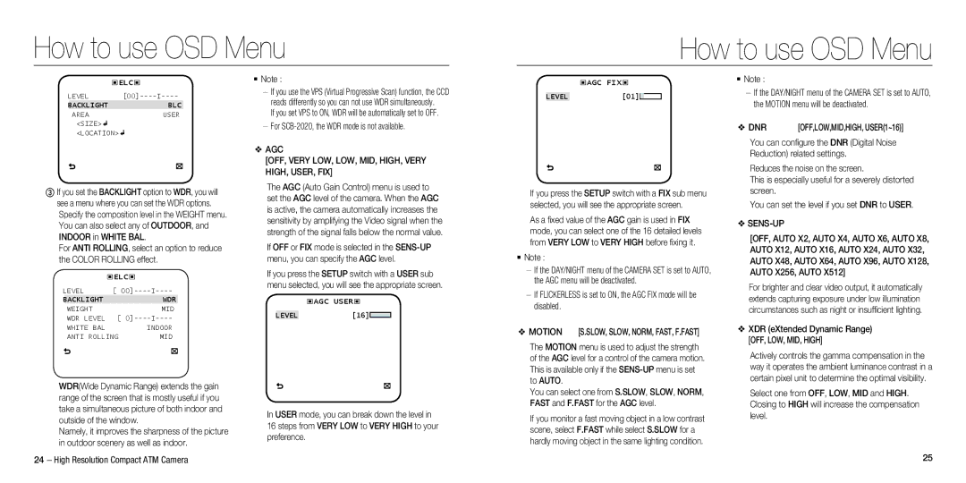 Samsung SCB-3020, SCB-2020 user manual Agc, OFF, Very LOW, LOW, MID, HIGH, Very, High, User, Fix, OFF, LOW, MID, High 