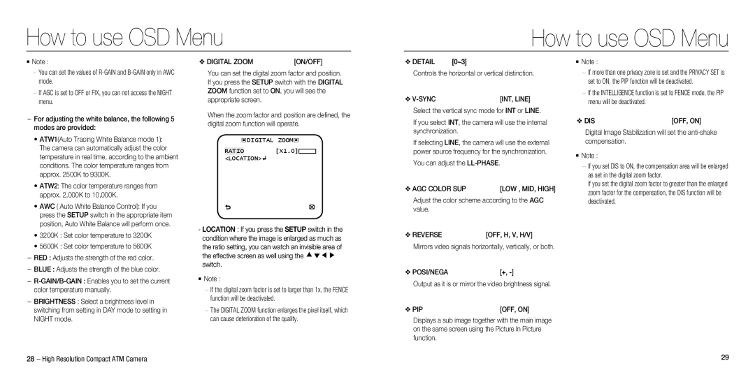 Samsung SCB-3020, SCB-2020 user manual Digital Zoom ON/OFF Detail, Sync, AGC Color SUP, Reverse, Posi/Nega, Pip 