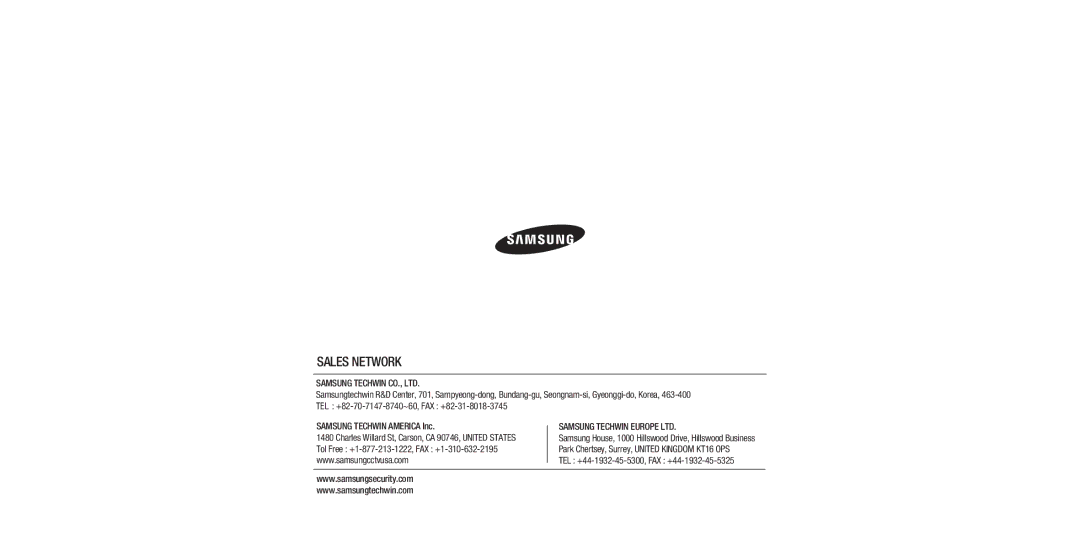 Samsung SCB-3020, SCB-2020 user manual Sales Network 