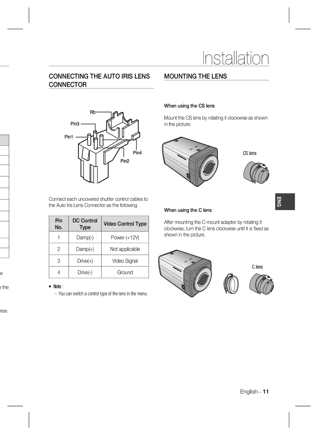 Samsung SCB-4000(P) user manual Installation, Mounting the Lens, Connector 