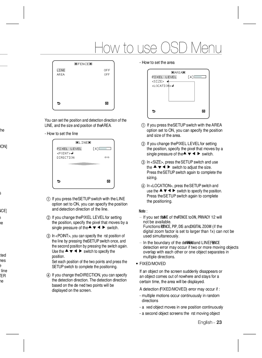 Samsung SCB-4000(P) user manual Ion, How to set the line, Nce, Cted mes e, Fixed/Moved 