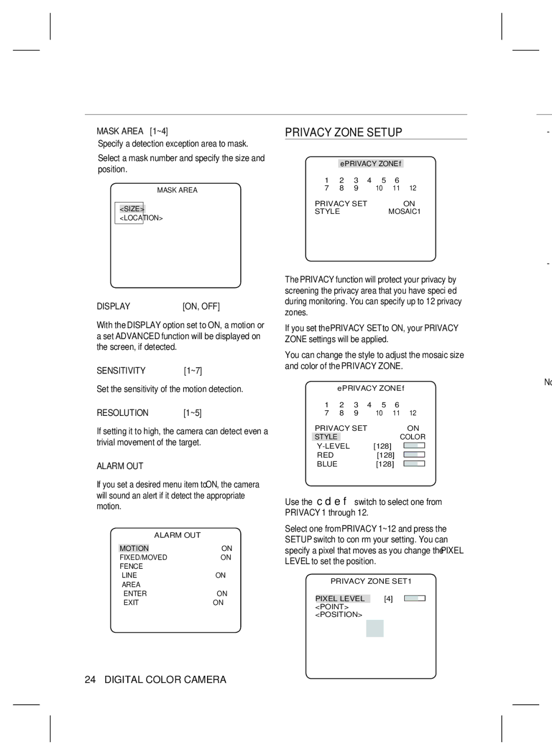 Samsung SCB-4000(P) user manual Display, Sensitivity, Resolution, Alarm OUT 