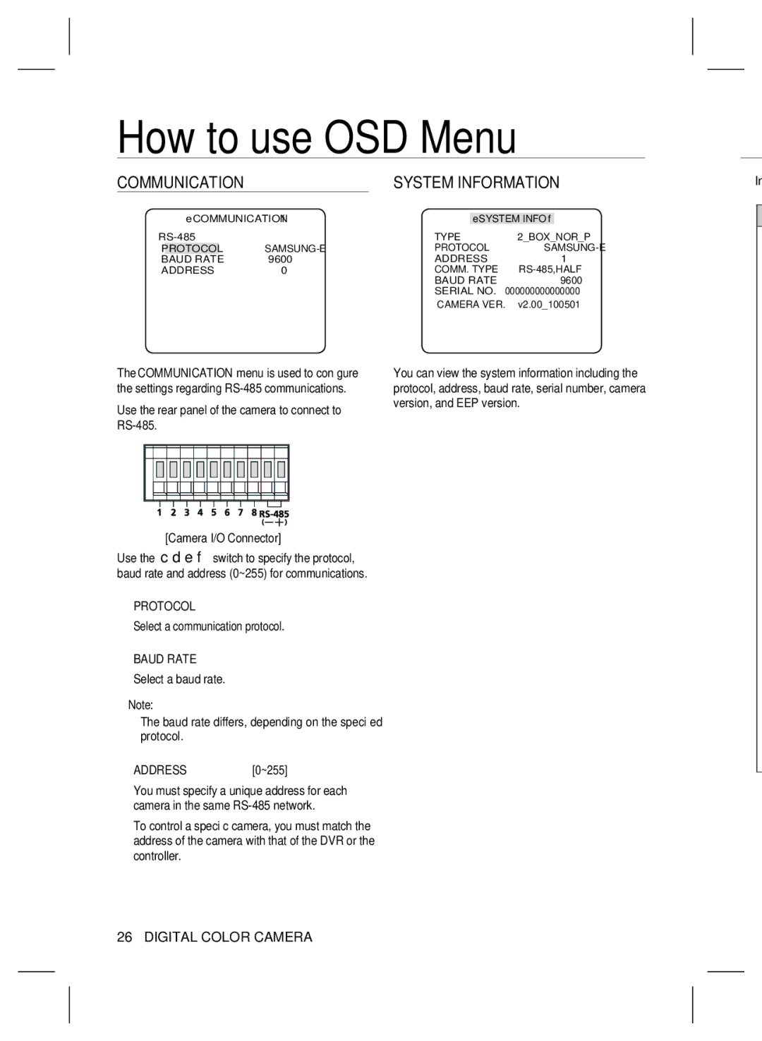 Samsung SCB-4000(P) user manual Communication System Information, Protocol, Address 