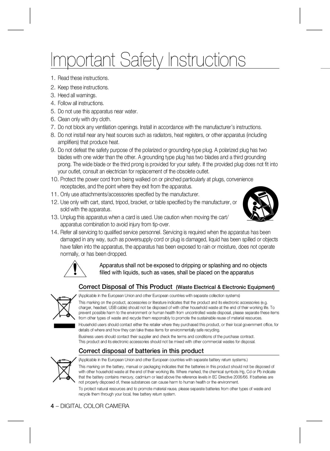 Samsung SCB-4000(P) user manual Important Safety Instructions, Correct disposal of batteries in this product 