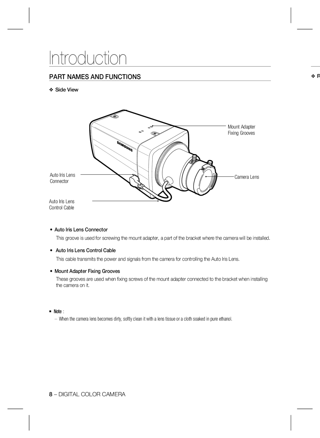 Samsung SCB-4000(P) user manual Part Names and Functions, Side View Mount Adapter Fixing Grooves Auto Iris Lens, Connector 