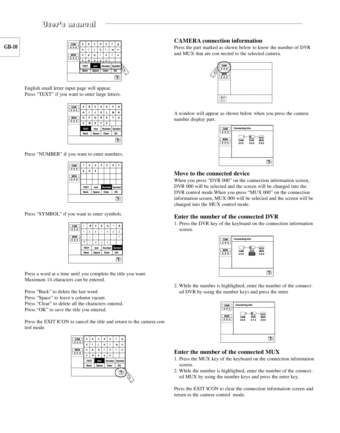 Samsung SCC-101BP GB-10 Camera connection information, Move to the connected device, Enter the number of the connected DVR 