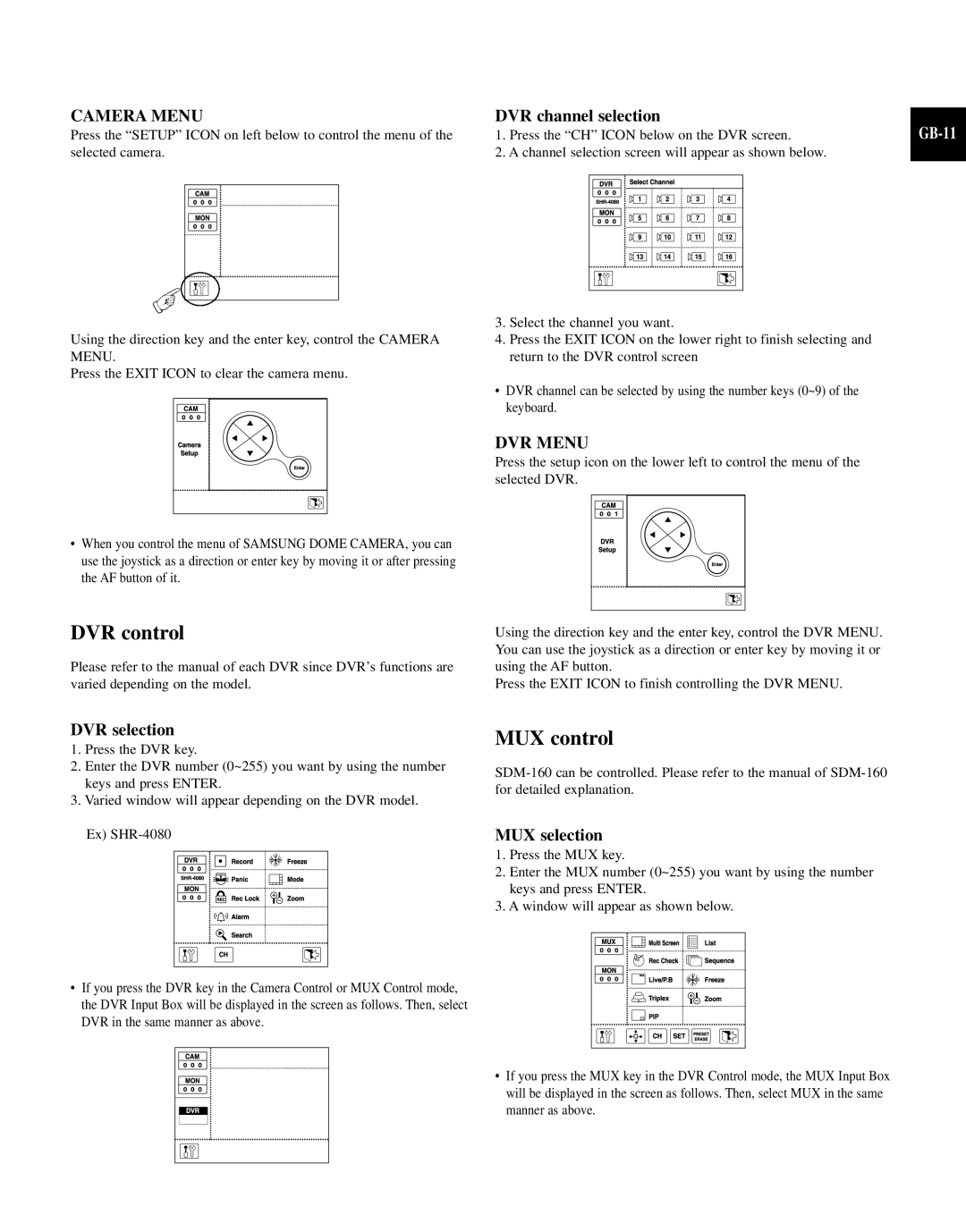 Samsung SCC-101BP/TRK, SCC-100BP manual DVR control, MUX control, Camera Menu, DVR Menu 