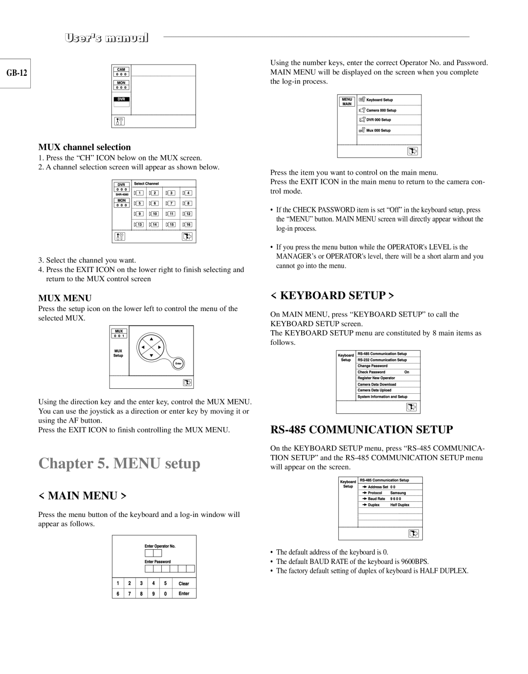 Samsung SCC-100BP, SCC-101BP/TRK manual Menu setup, Main Menu, Keyboard Setup, RS-485 Communication Setup, MUX Menu 