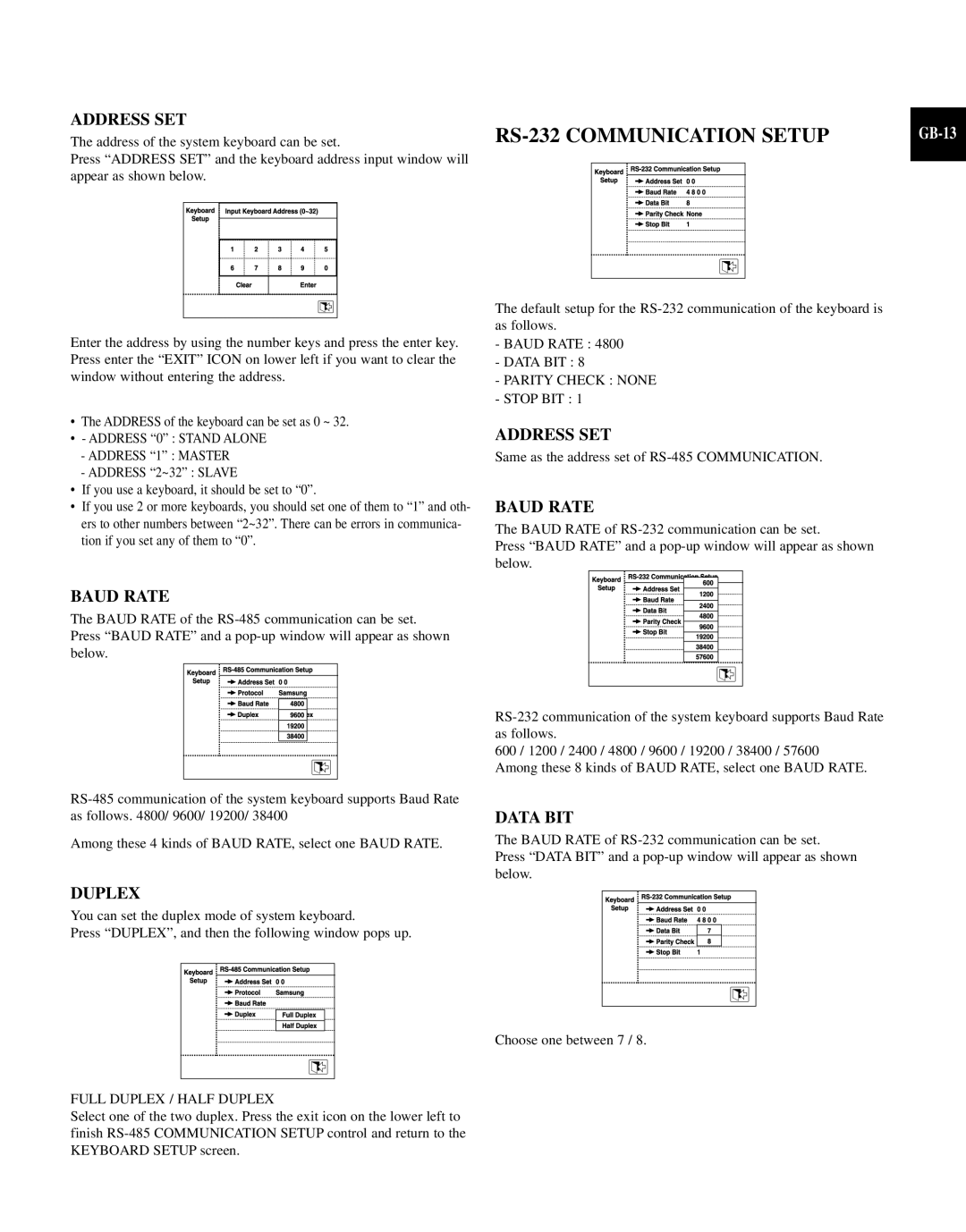 Samsung SCC-100BP, SCC-101BP/TRK manual RS-232 Communication Setup, Address SET, Baud Rate, Duplex, Data BIT 