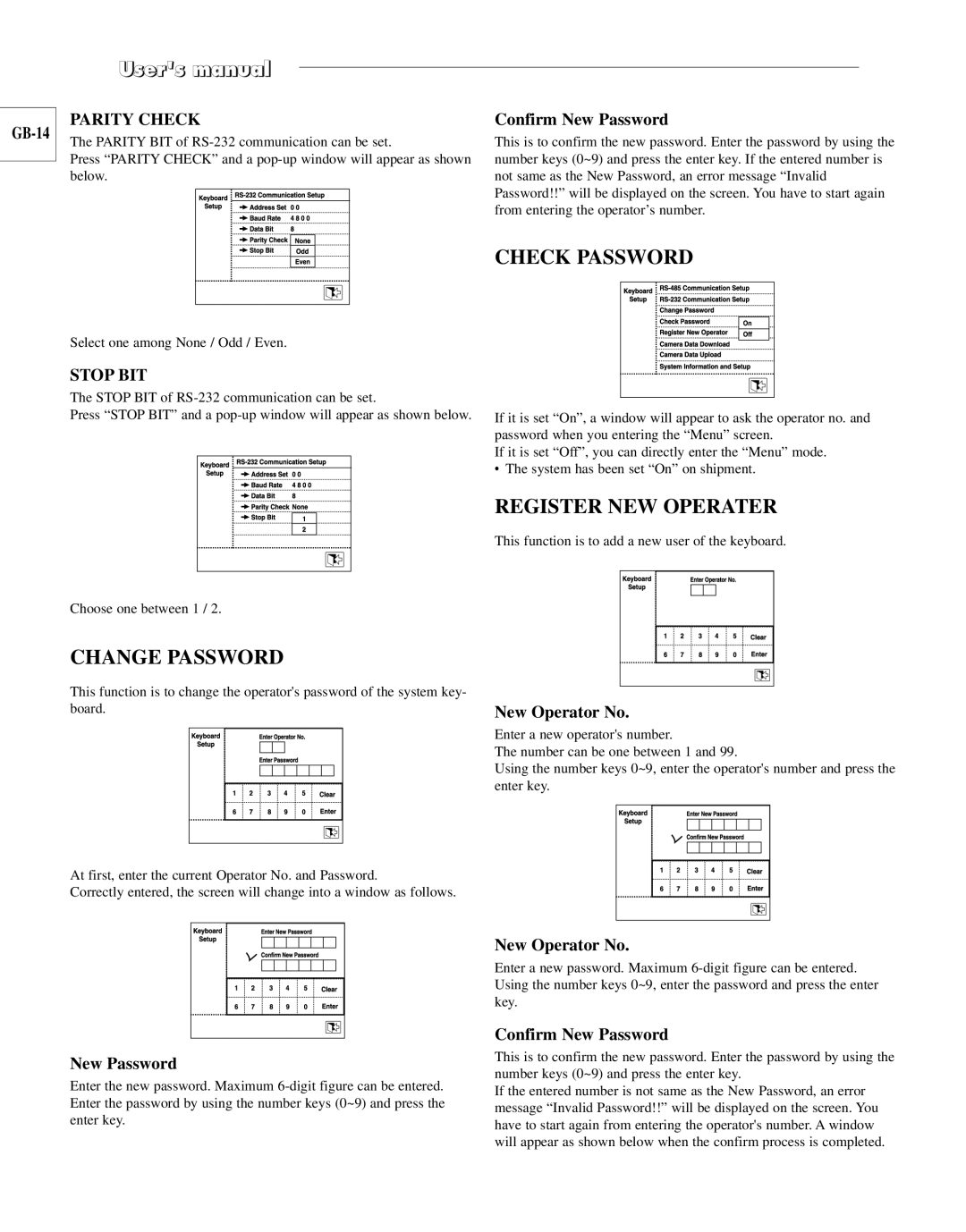 Samsung SCC-101BP/TRK, SCC-100BP manual Change Password, Check Password, Register NEW Operater, Parity Check, Stop BIT 