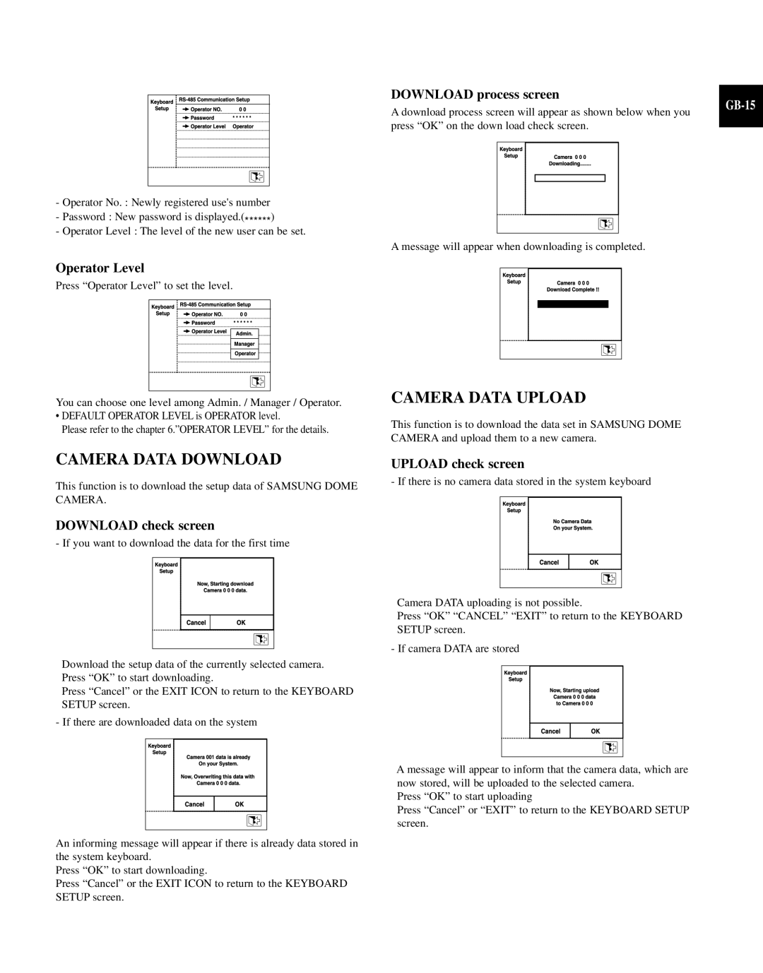 Samsung SCC-100BP, SCC-101BP/TRK manual Camera Data Download, Camera Data Upload, GB-15 