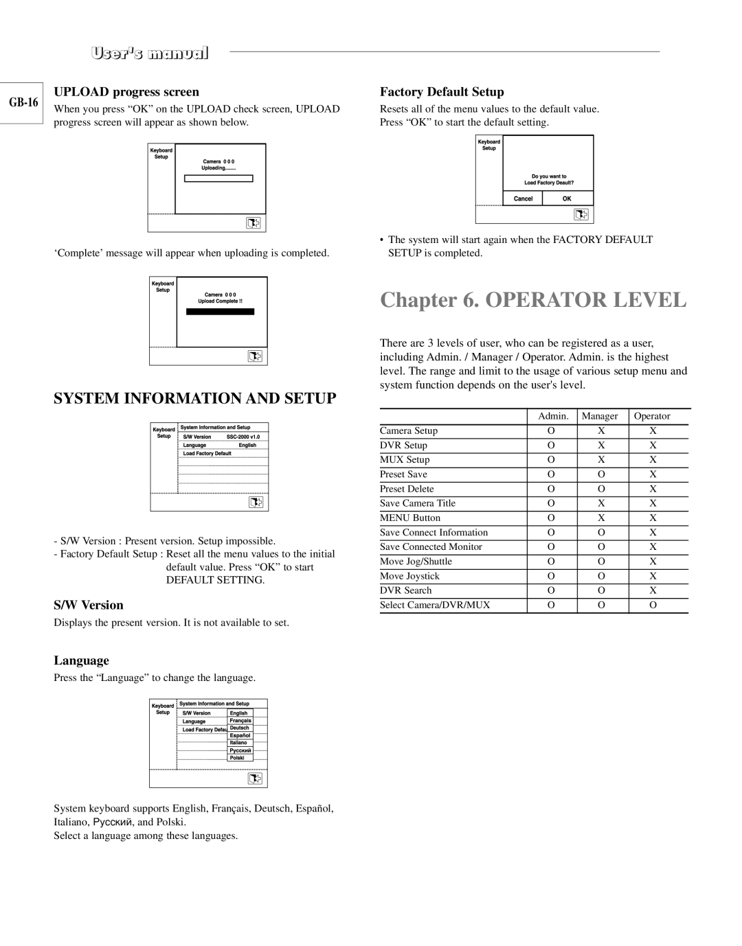 Samsung SCC-100BP, SCC-101BP/TRK manual Operator Level, System Information and Setup 