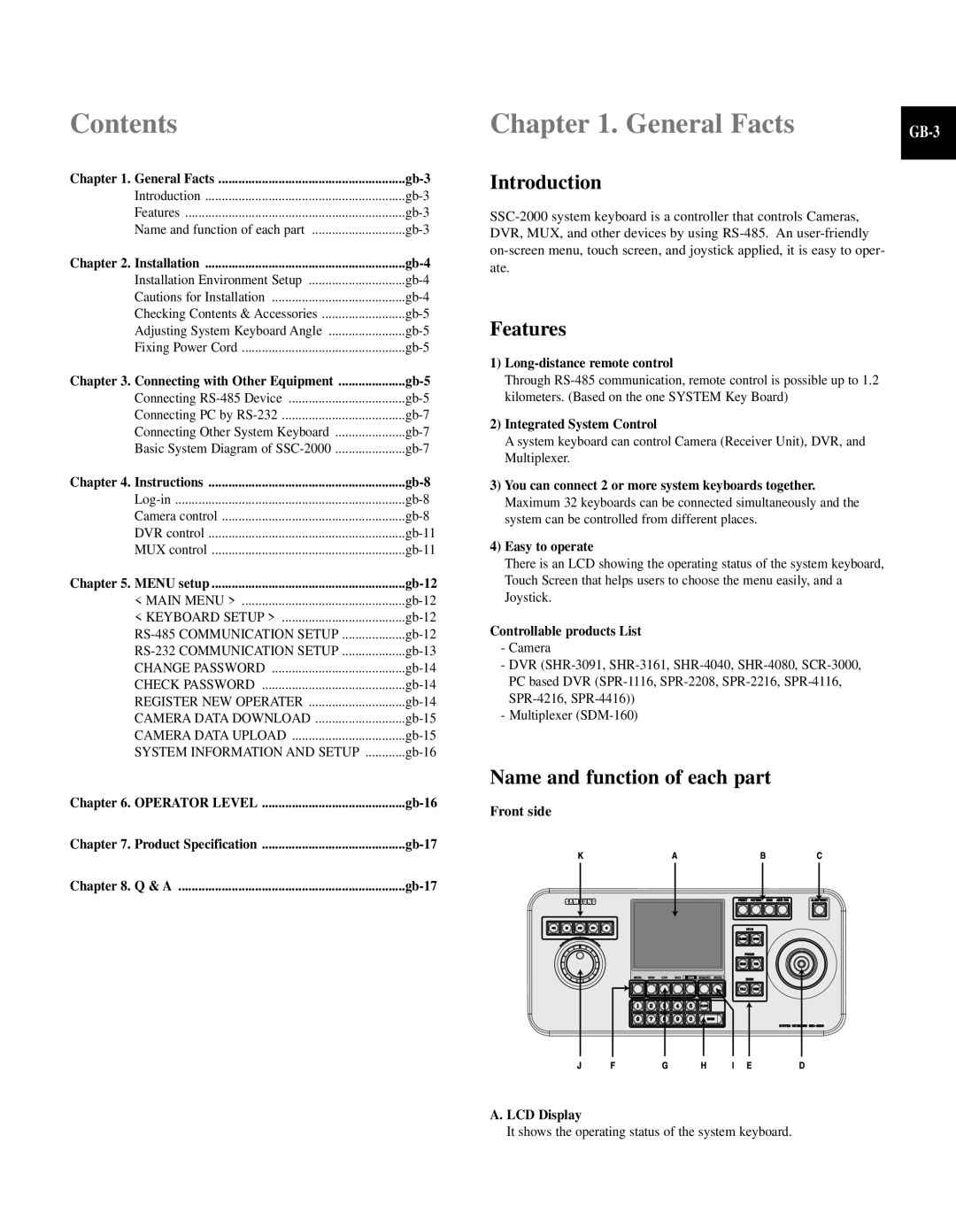 Samsung SCC-100BP, SCC-101BP/TRK manual Contents, General Facts 