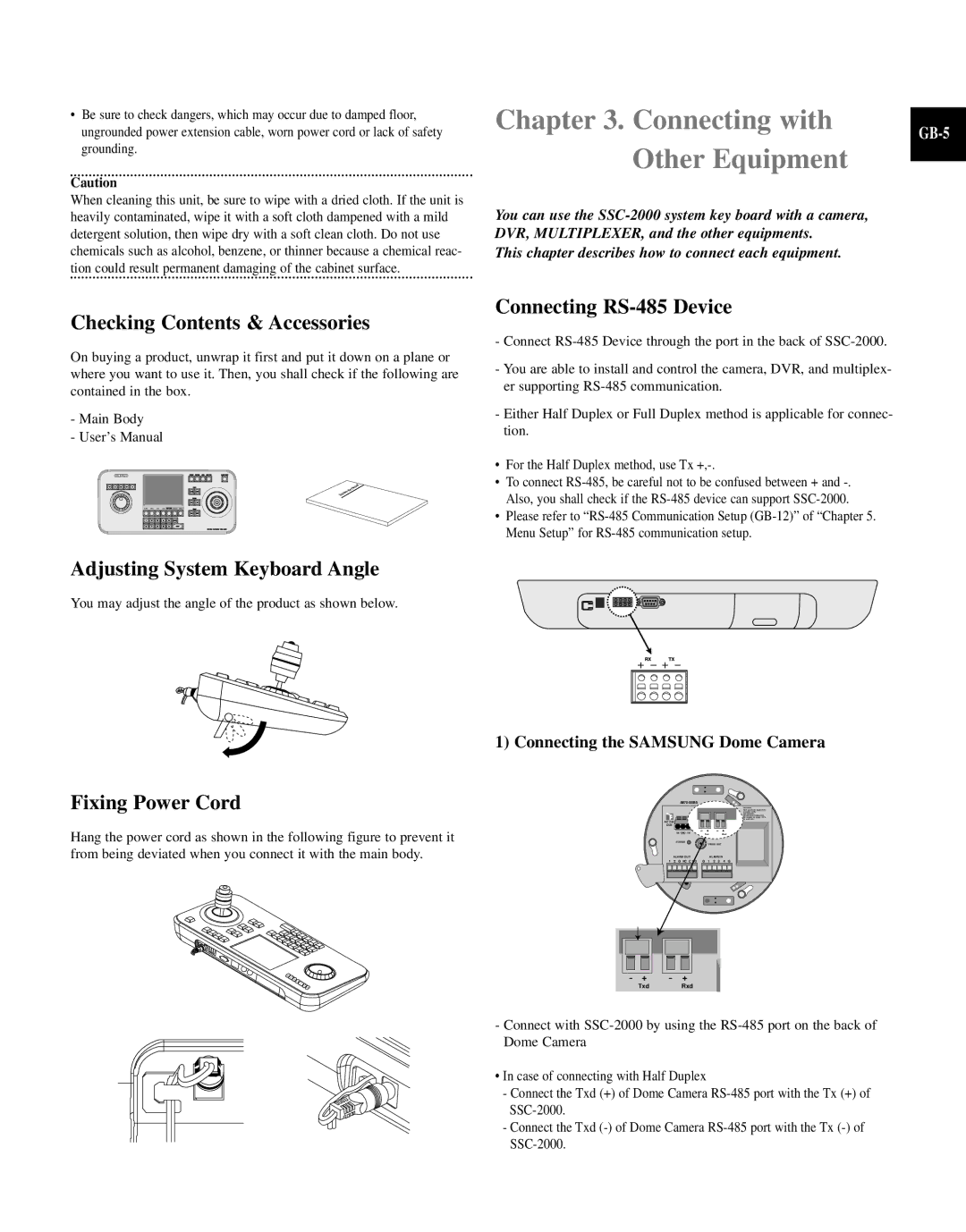 Samsung SCC-101BP/TRK Connecting with, Other Equipment, Checking Contents & Accessories, Adjusting System Keyboard Angle 