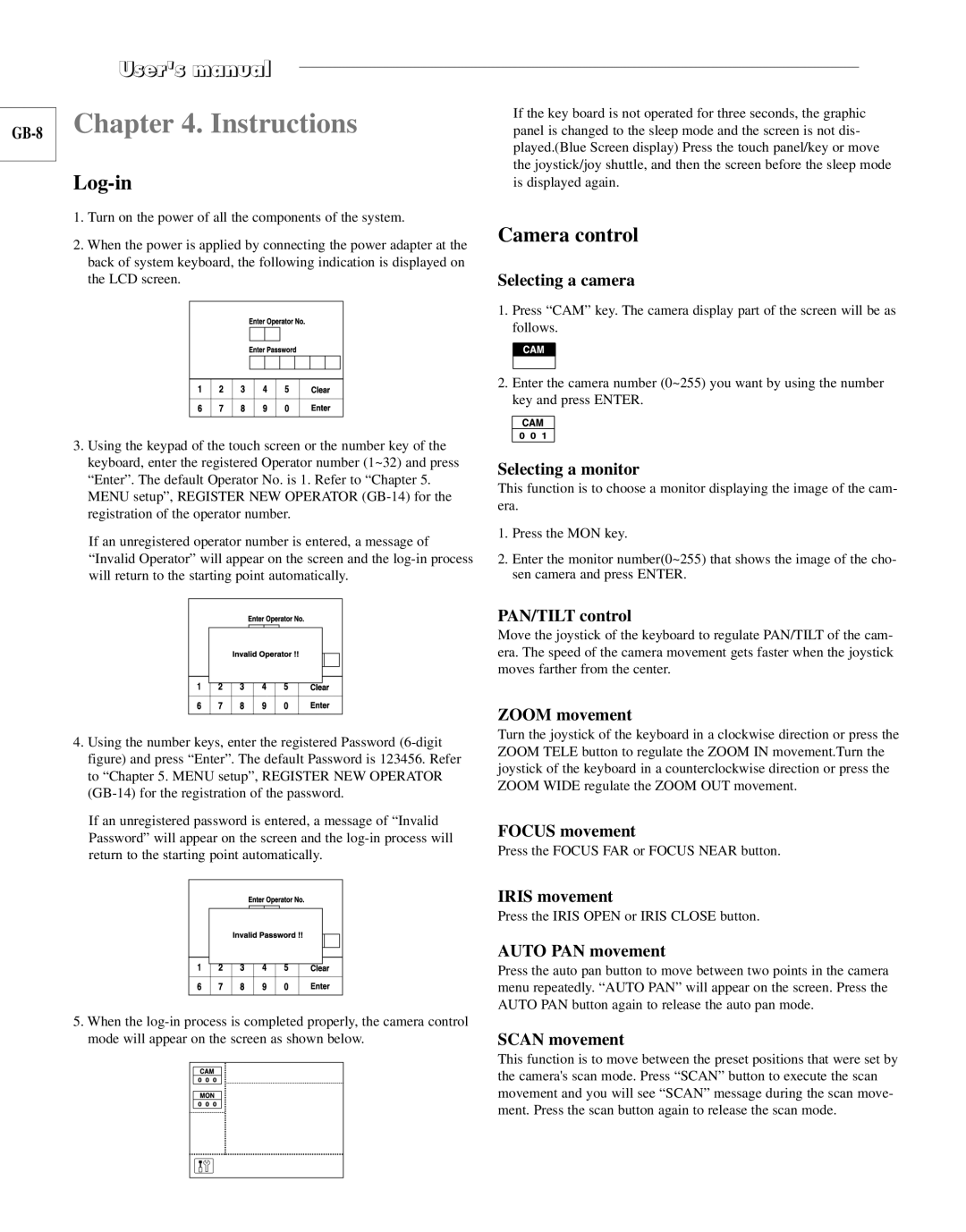 Samsung SCC-101BP/TRK, SCC-100BP manual Instructions, Log-in, Camera control 