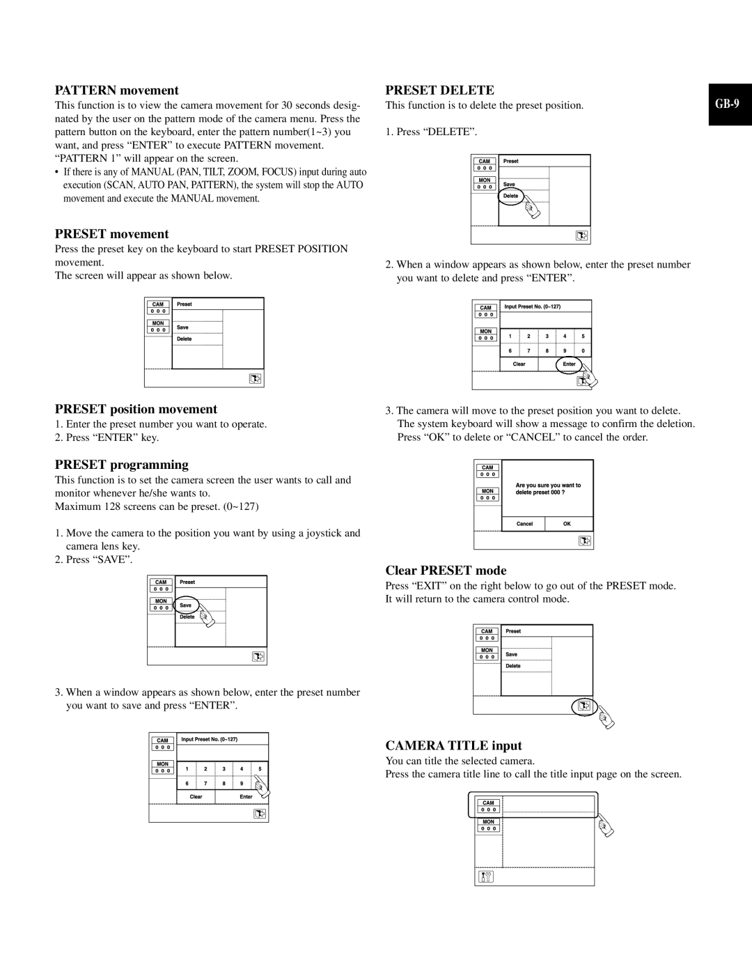 Samsung SCC-100BP, SCC-101BP/TRK manual Preset Delete, GB-9 