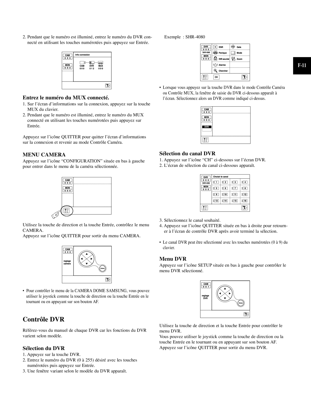 Samsung SCC-101BP, SCC-100BP manual Contrôle DVR, Menu Camera 