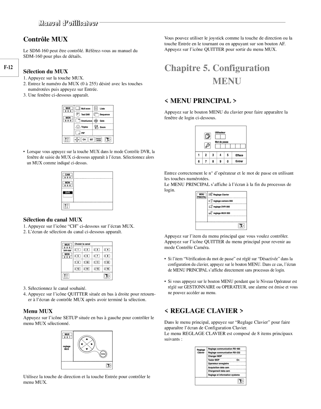 Samsung SCC-100BP, SCC-101BP Chapitre 5. Configuration, Contrôle MUX, Sélection du MUX, Sélection du canal MUX, Menu MUX 