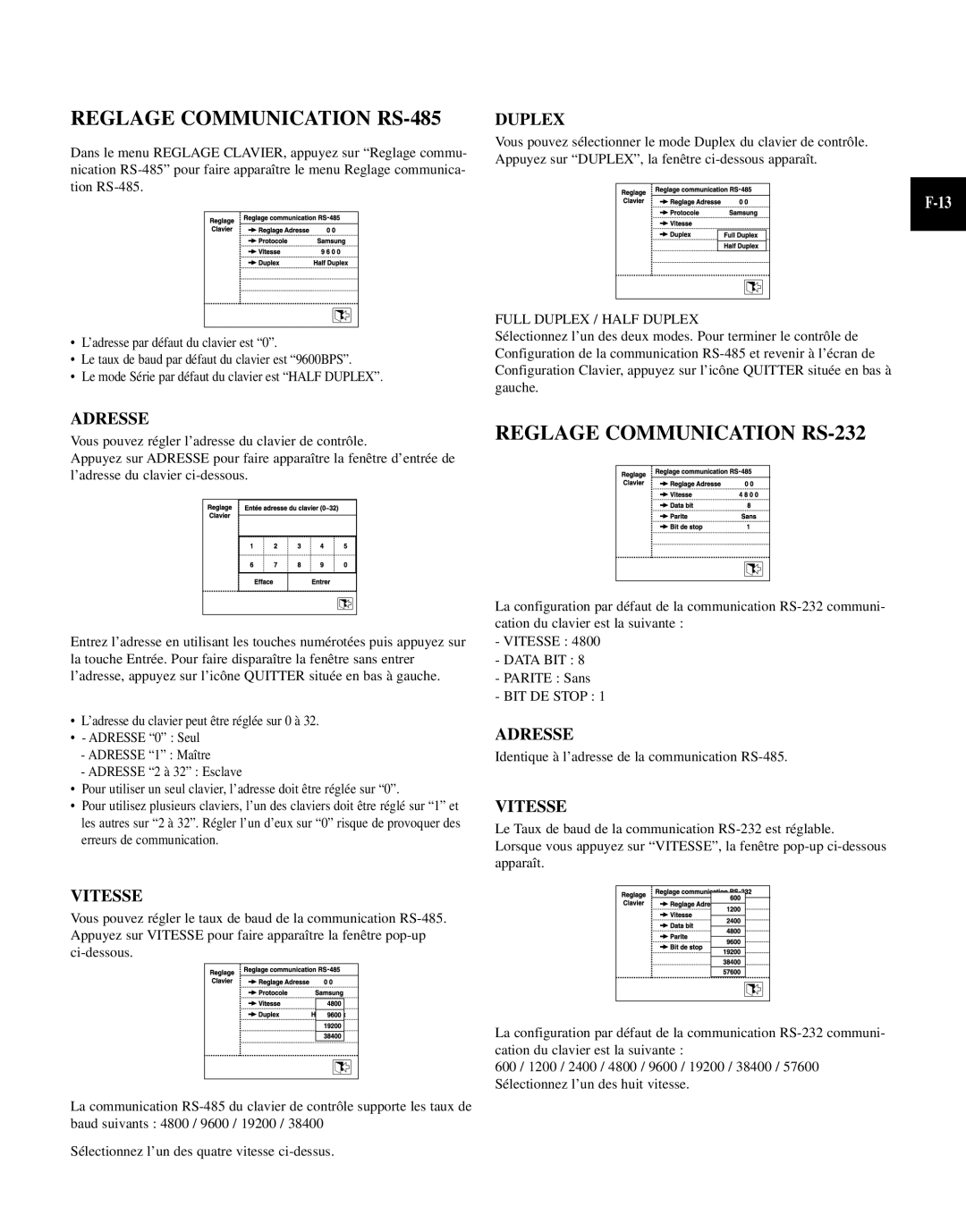 Samsung SCC-101BP, SCC-100BP manual Duplex, Adresse, Vitesse 