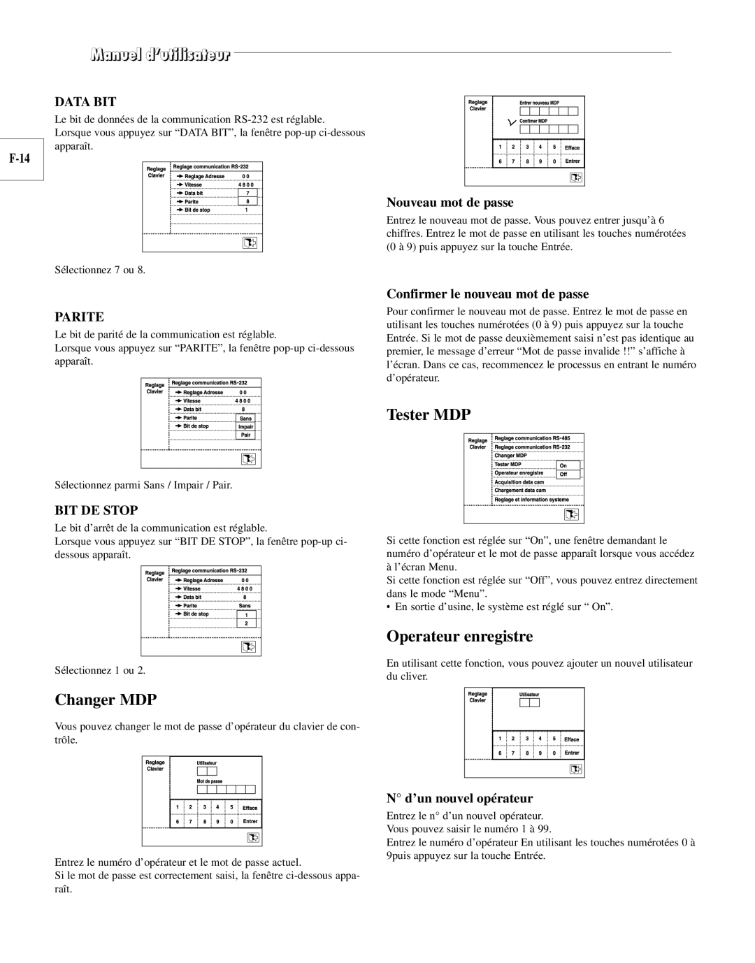 Samsung SCC-100BP, SCC-101BP manual Changer MDP, Tester MDP, Operateur enregistre 