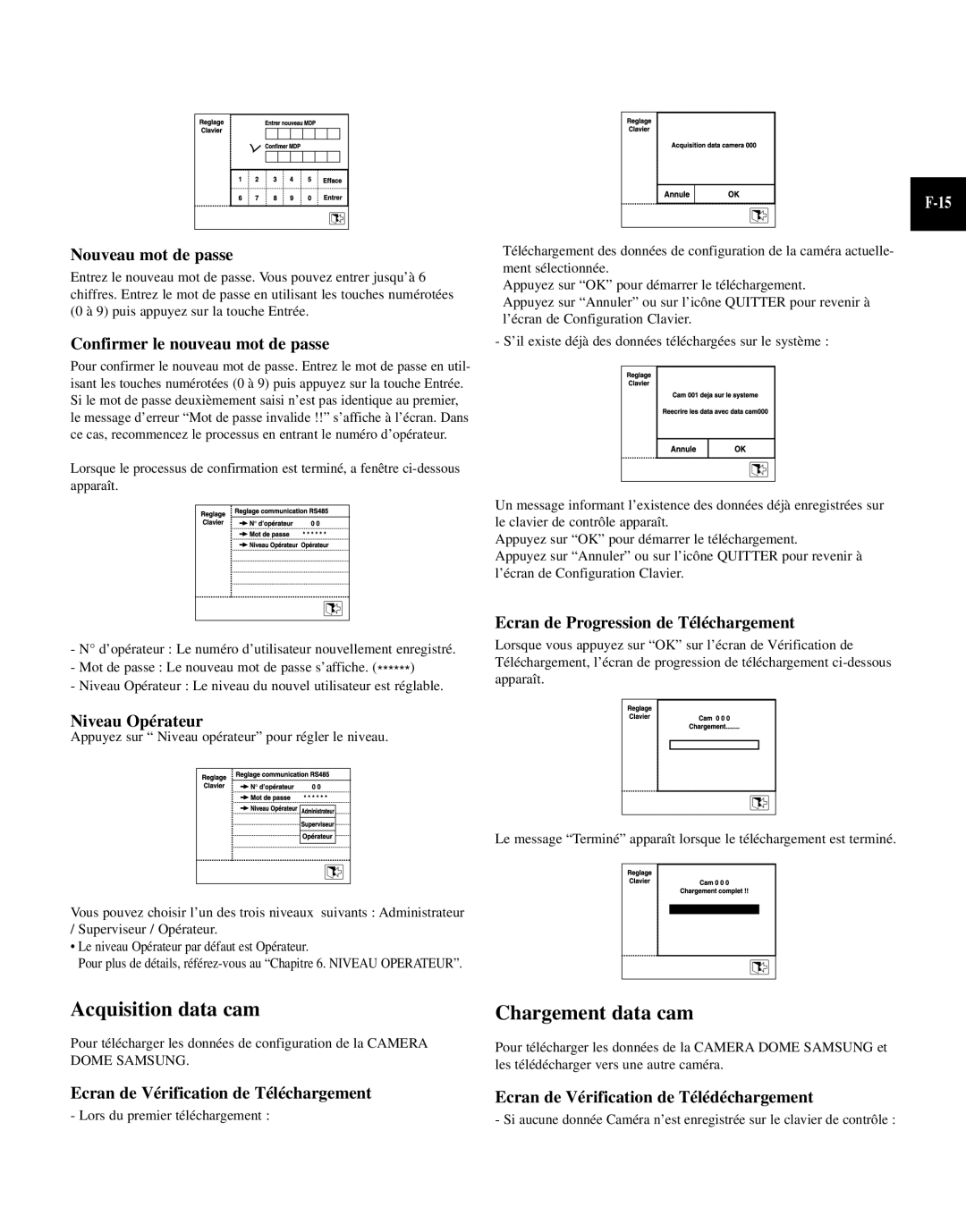 Samsung SCC-101BP, SCC-100BP manual Acquisition data cam, Chargement data cam 