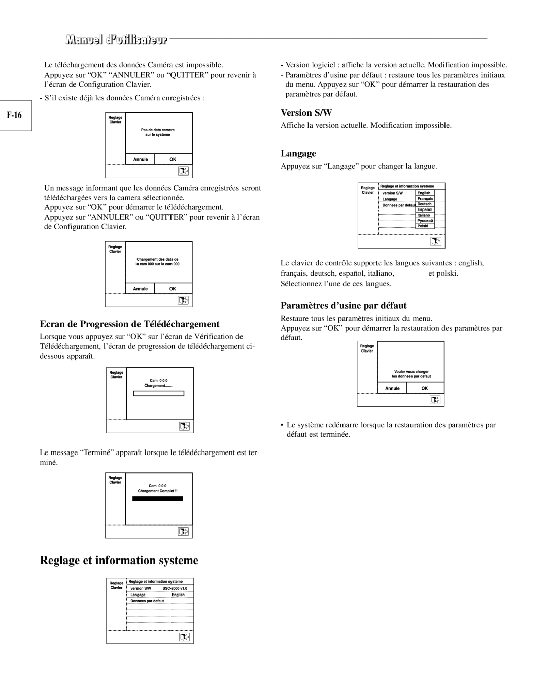 Samsung SCC-100BP manual Reglage et information systeme, Version S/W, Langage, Ecran de Progression de Télédéchargement 