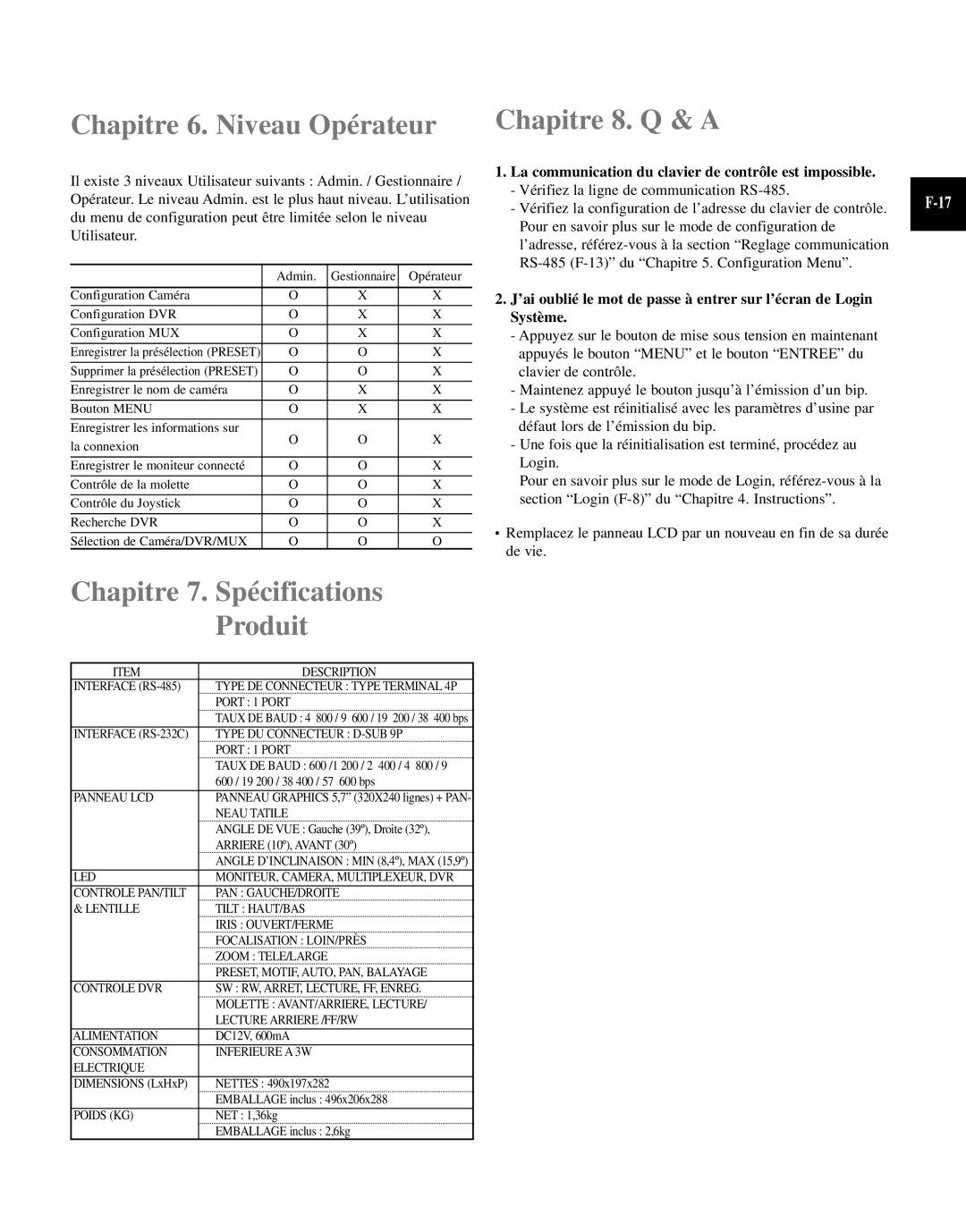 Samsung SCC-101BP, SCC-100BP manual Chapitre 6. Niveau Opérateur, Chapitre 7. Spécifications Produit 