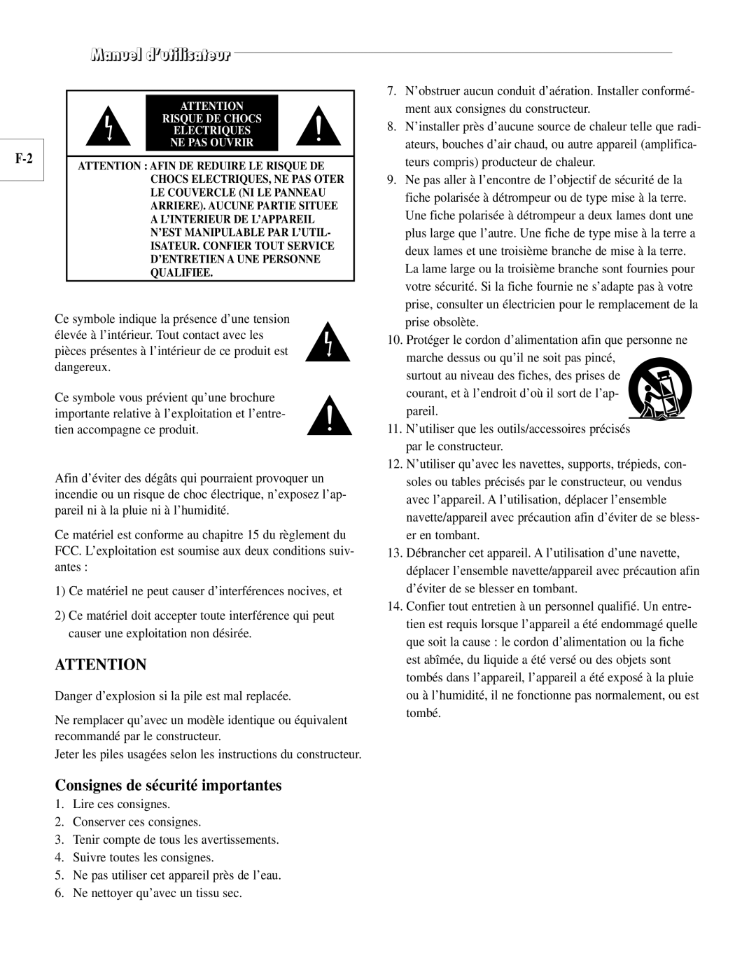 Samsung SCC-100BP, SCC-101BP manual Consignes de sécurité importantes, Risque DE Chocs Electriques NE PAS Ouvrir 