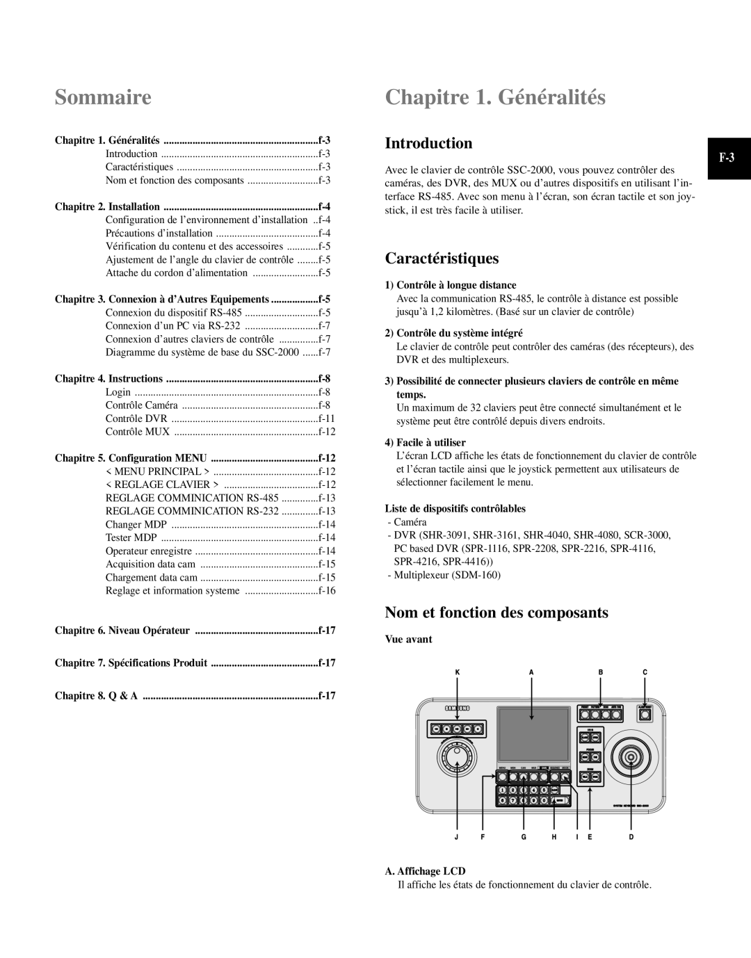 Samsung SCC-101BP manual Sommaire, Chapitre 1. Généralités, Introduction, Caractéristiques, Nom et fonction des composants 