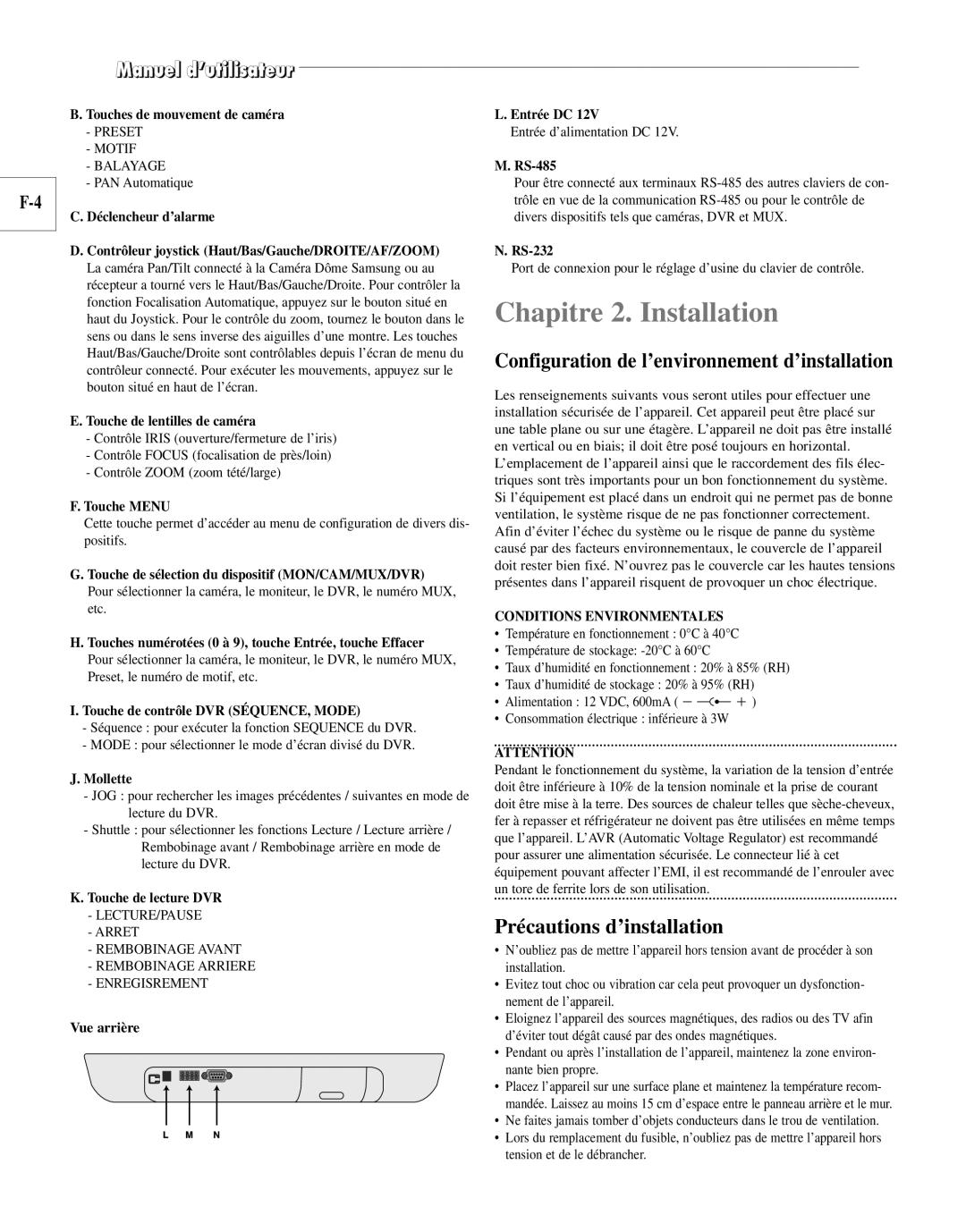 Samsung SCC-100BP Chapitre 2. Installation, Configuration de l’environnement d’installation, Précautions d’installation 