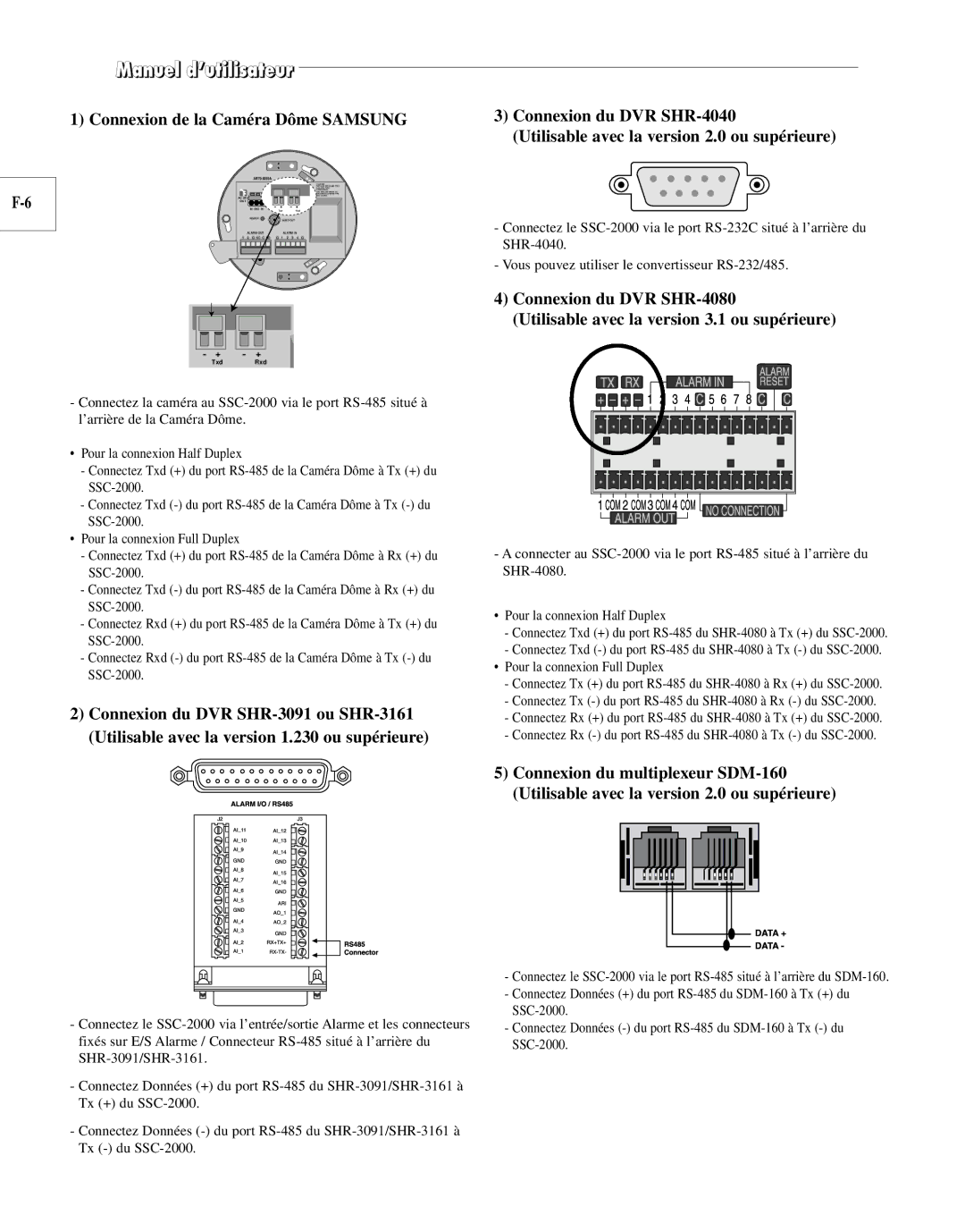 Samsung SCC-100BP, SCC-101BP manual Connexion de la Caméra Dôme Samsung 